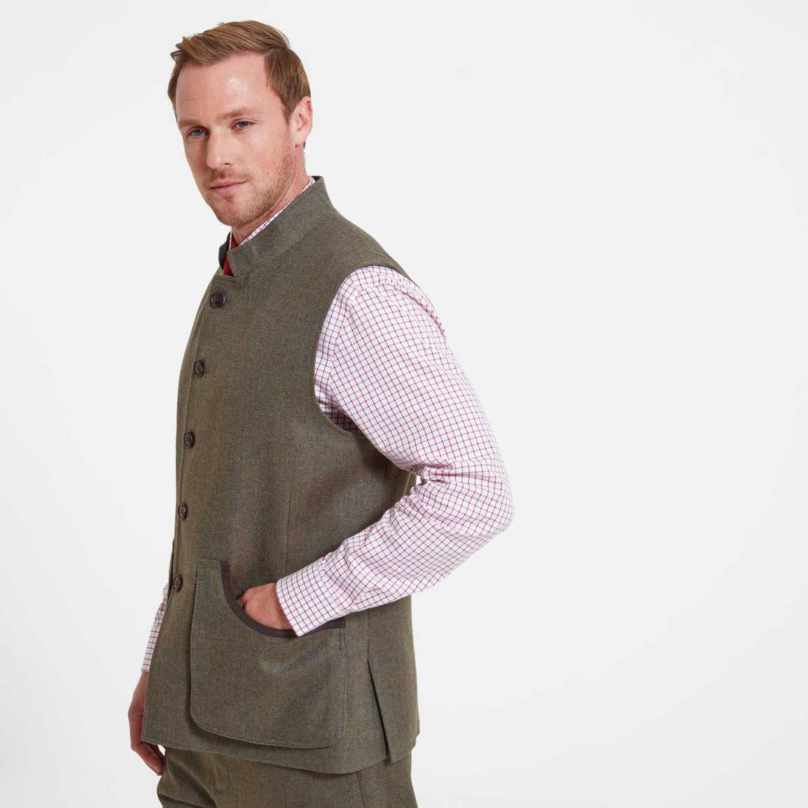 Schoffel Holcot Tweed Waistcoat - Loden Green Herringbone Tweed