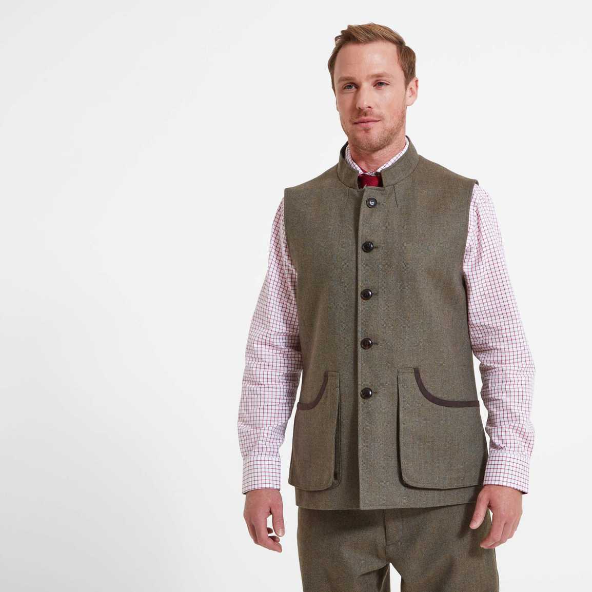 Schoffel Holcot Tweed Waistcoat - Loden Green Herringbone Tweed