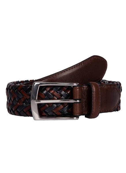 Dents Plaited Leather Belt - Brown/Navy