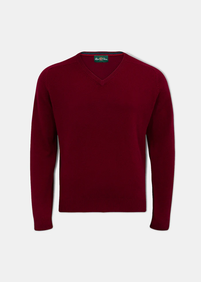 Alan Paine Mens Streetly V Neck Jumper in Bordeaux - Classic Fit